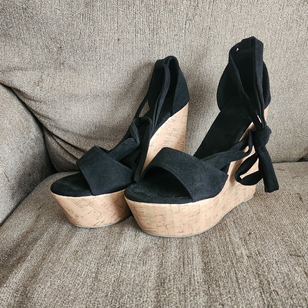 Shein Black Open Toe / Ankle Wrap with Faux Cork Print Wedge Sandals